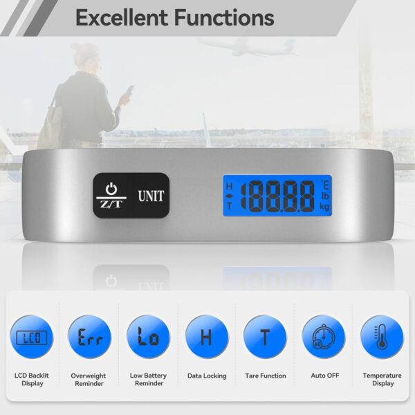 Luggage Scale Dr.meter Travel Essentials Luggage Weight Scale Backlight LCD Display 110lb/50kg Electronic Balance Digital Postal Travel Accessories with Rubber Paint Handle Temperature Sensor Silver - Image 2