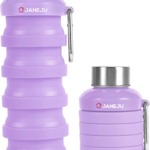 JaneJu Collapsible Water Bottle, 17oz BPA Free Silicone Reusable Portable Lightweight Foldable Water Bottles with Carabiner, Portable Leak Proof Sports Water Bottle (Purple)