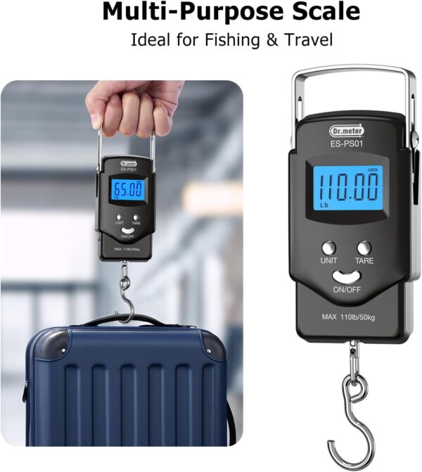 Dr.meter Fish Scale Luggage Scale Fishing Gear - 110lb/50kg Backlit LCD Display Digital Scale with Built-in Measuring Tape - Fishing Scale with 2 AAA Batteries, Pocket Size - Fishing Gifts for Men - Image 8
