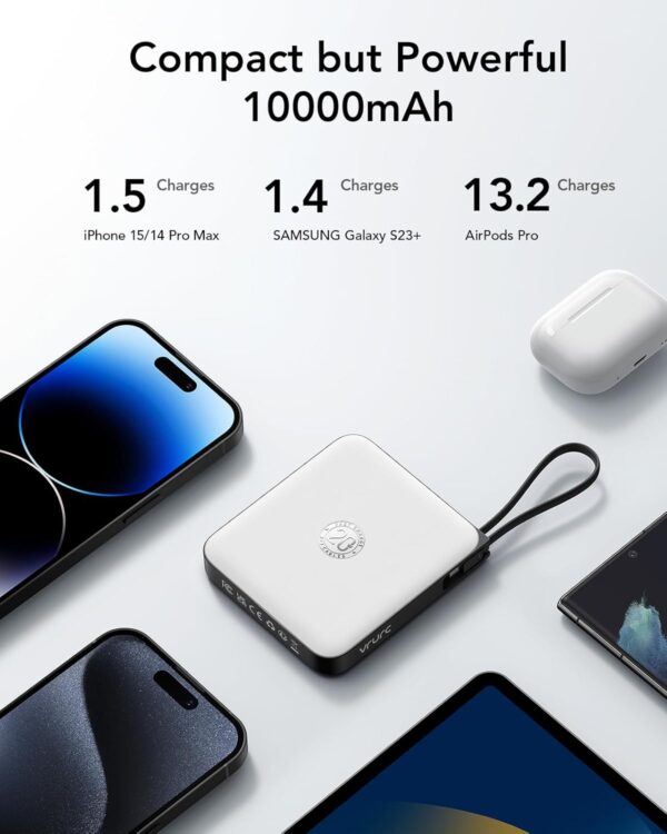 VRURC Portable Charger with Built-in 4 Cables, 10000mAh Battery Pack PD 20W for iPhone, 22.5W USB C Travel Power Bank for iPhone 16 15 14 13 Samsung Galaxy S23 S22 Google Android Phones, Whtie - Image 3