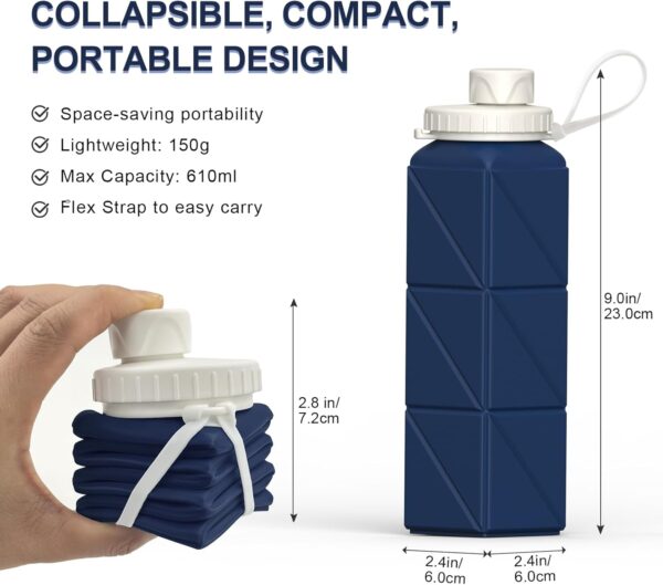 Collapsible Water Bottles 20.6oz, Silicone Foldable Portable Travel Water Bottle, Lightweight Reusable Leakproof for Traveling Camping Hiking Cycling Yoga Sports Outdoor, 1 Pack (Dark Blue) - Image 3