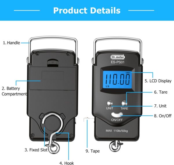 Dr.meter Fish Scale Luggage Scale Fishing Gear - 110lb/50kg Backlit LCD Display Digital Scale with Built-in Measuring Tape - Fishing Scale with 2 AAA Batteries, Pocket Size - Fishing Gifts for Men - Image 4