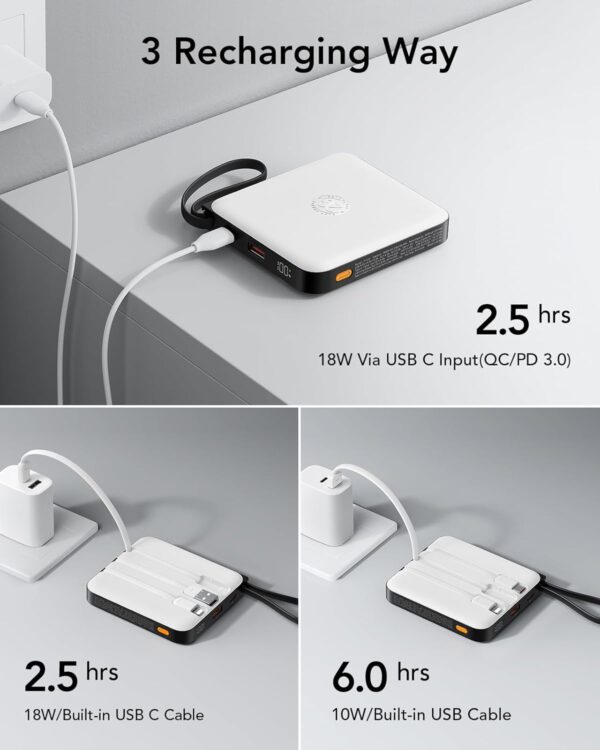 VRURC Portable Charger with Built-in 4 Cables, 10000mAh Battery Pack PD 20W for iPhone, 22.5W USB C Travel Power Bank for iPhone 16 15 14 13 Samsung Galaxy S23 S22 Google Android Phones, Whtie - Image 7