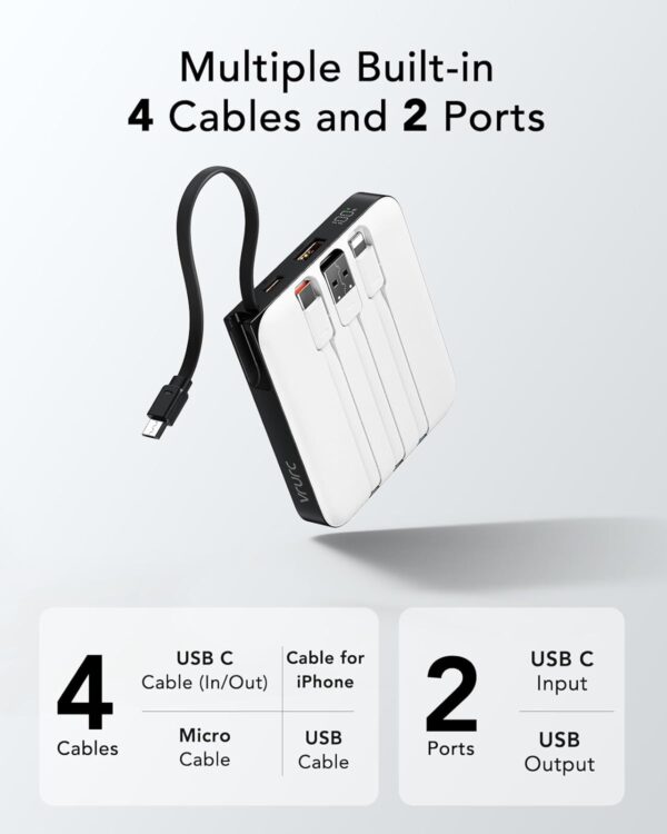 VRURC Portable Charger with Built-in 4 Cables, 10000mAh Battery Pack PD 20W for iPhone, 22.5W USB C Travel Power Bank for iPhone 16 15 14 13 Samsung Galaxy S23 S22 Google Android Phones, Whtie - Image 2