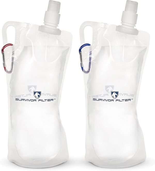Survivor Filter Collapsible Water Bottles, Canteens (32oz) 2 Pack (2L Total) - Durable Carabiners and Handles. Squeeze Water through a Filter or Use as Water Bottles