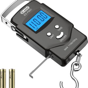 Dr.meter Fish Scale Luggage Scale Fishing Gear - 110lb/50kg Backlit LCD Display Digital Scale with Built-in Measuring Tape - Fishing Scale with 2 AAA Batteries, Pocket Size - Fishing Gifts for Men