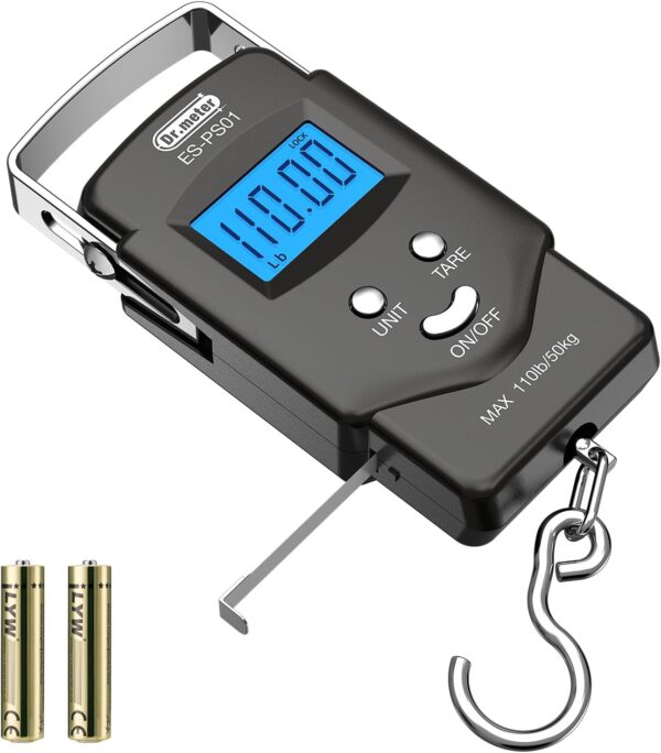 Dr.meter Fish Scale Luggage Scale Fishing Gear - 110lb/50kg Backlit LCD Display Digital Scale with Built-in Measuring Tape - Fishing Scale with 2 AAA Batteries, Pocket Size - Fishing Gifts for Men