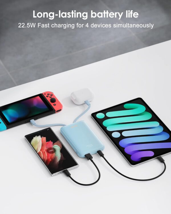Portable Charger 10000mAh, Cell Phone Portable Power Banks with 22.5W PD Fast Charging, Compact Phone Charger Built in Cable, Compatible with Apple, Samsung, Google, Motorola and More - Image 2