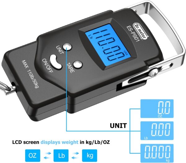 Dr.meter Fish Scale Luggage Scale Fishing Gear - 110lb/50kg Backlit LCD Display Digital Scale with Built-in Measuring Tape - Fishing Scale with 2 AAA Batteries, Pocket Size - Fishing Gifts for Men - Image 2
