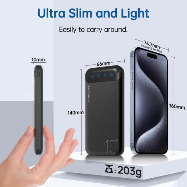 Power Bank 10000mAh Portable Charger Slim External Battery Pack with 2 USB 2.4A Outputs and USB C In/Out Compatible with Huawei iPhone 16 15 14 13 12 iPad Samsung Galaxy S20 Android Tablet (Black) - Image 6