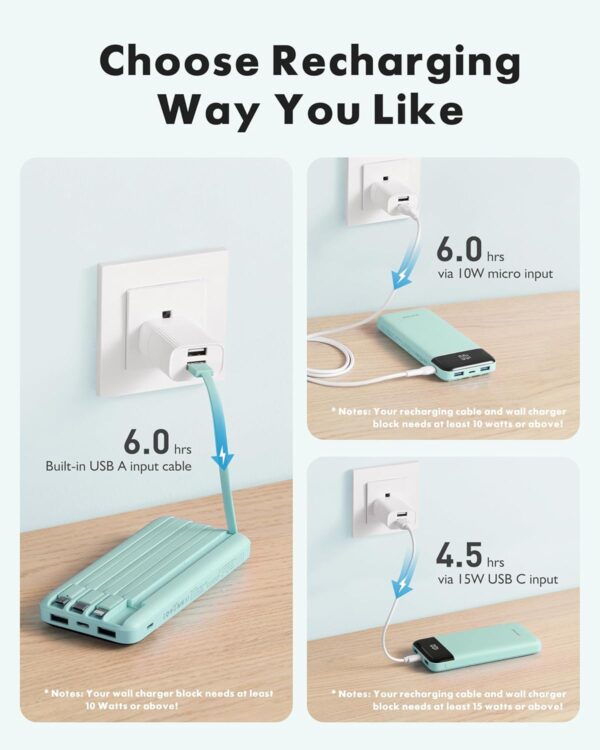 charmast Portable Charger with Built in Cables, Power Bank with Cords Wires, Slim 10000mAh Travel Battery Pack 6 Outputs 3 Inputs 3A Fast Charging for Samsung Google Pixel LG Moto iPhone iPad - Image 6