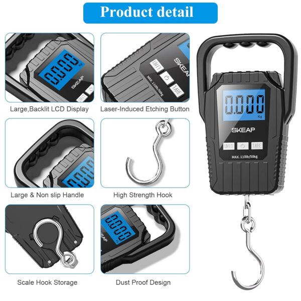 Digital Fish Scale Hanging Scale Fishing Scale, SKEAP 110lb/50kg Luggage Scale,Fish Weighing Scale, Upgrade Large Handle & Backlit LCD Display, Black,Fishing Gifts for Men,Black - Image 5