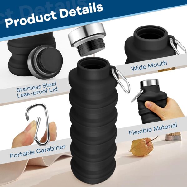 Collapsible Water Bottles 17oz, Portable Leak-Proof Travel Water Bottle, Reuseable BPA Free Silicone Foldable Water Bottle with Carabiner for Gym, Traveling, Camping, Hiking, Sports-Black - Image 6