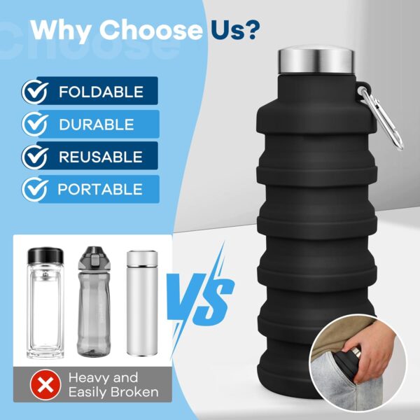 Collapsible Water Bottles 17oz, Portable Leak-Proof Travel Water Bottle, Reuseable BPA Free Silicone Foldable Water Bottle with Carabiner for Gym, Traveling, Camping, Hiking, Sports-Black - Image 3
