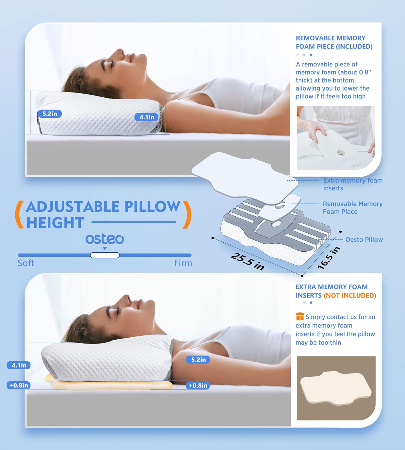 Osteo Cervical Pillow for Neck Pain Relief, Hollow Design Odorless Memory Foam Pillows with Cooling Case, Adjustable Orthopedic Bed Pillow for Sleeping, Support for Side Back Sleepers - Image 4