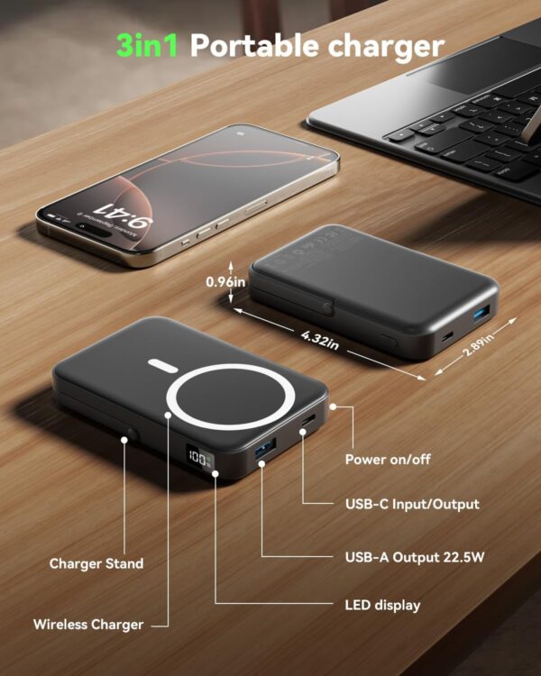 for Magsafe Battery Pack 10000mAh Power Bank with Foldable Stand Portable Charger,PD 22.5W Fast Charge,Travel Essential Wireless Charger for iPhone 16/15/14/13/12 Series–Black - Image 7