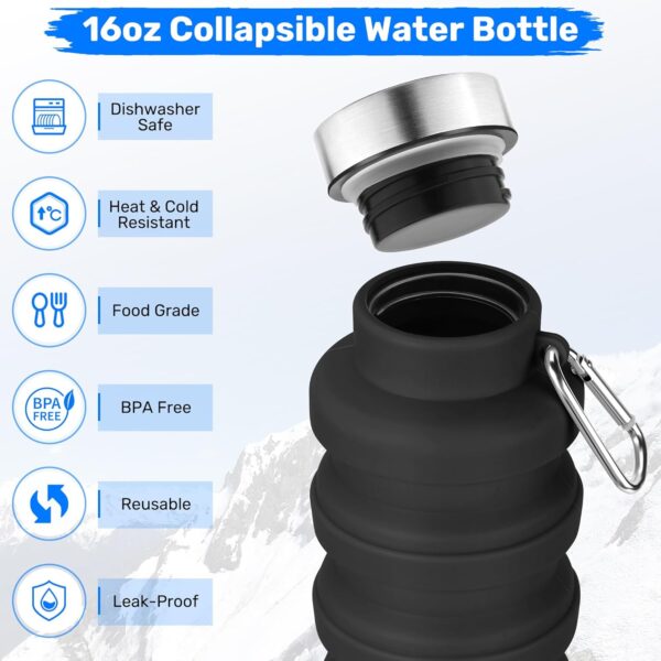Collapsible Water Bottle, 16oz Portable Reusable Silicone Water Bottle, BPA-Free Leak-Proof Foldable Design with Carabiner, Lightweight Durable for Gym, Travel, Camping, Hiking, Sports-Black - Image 3