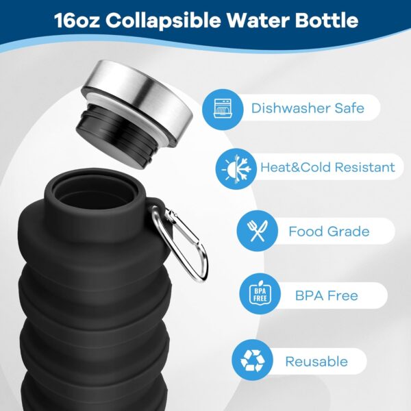 Collapsible Water Bottles 17oz, Portable Leak-Proof Travel Water Bottle, Reuseable BPA Free Silicone Foldable Water Bottle with Carabiner for Gym, Traveling, Camping, Hiking, Sports-Black - Image 4