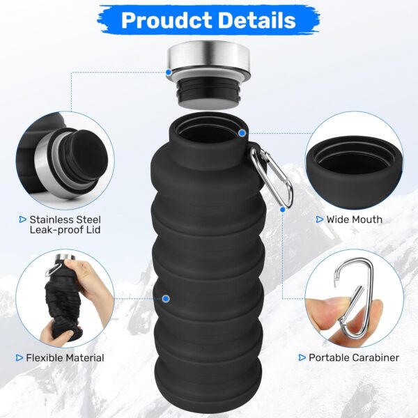 Collapsible Water Bottle, 16oz Portable Reusable Silicone Water Bottle, BPA-Free Leak-Proof Foldable Design with Carabiner, Lightweight Durable for Gym, Travel, Camping, Hiking, Sports-Black - Image 7