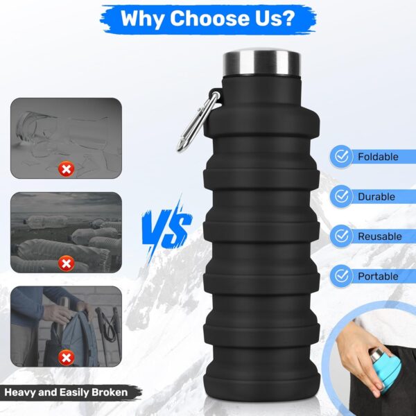 Collapsible Water Bottle, 16oz Portable Reusable Silicone Water Bottle, BPA-Free Leak-Proof Foldable Design with Carabiner, Lightweight Durable for Gym, Travel, Camping, Hiking, Sports-Black - Image 4