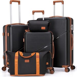 Unisex 5 Piece Luggage Sets with Spinner Wheels, Hardshell ABS Suitcase Set with Tsa Lock, Lightweight Hardside Waterproof Travel Suitcases for Men Women, Black