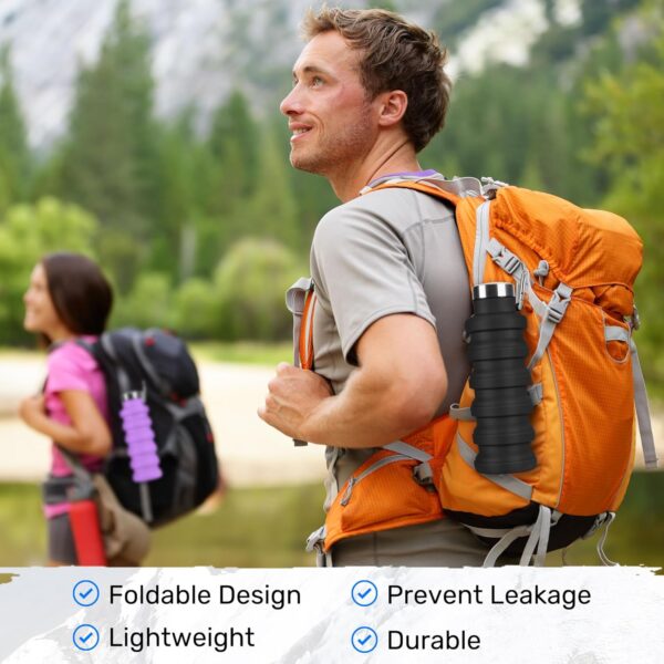 Collapsible Water Bottle, 16oz Portable Reusable Silicone Water Bottle, BPA-Free Leak-Proof Foldable Design with Carabiner, Lightweight Durable for Gym, Travel, Camping, Hiking, Sports-Black - Image 5