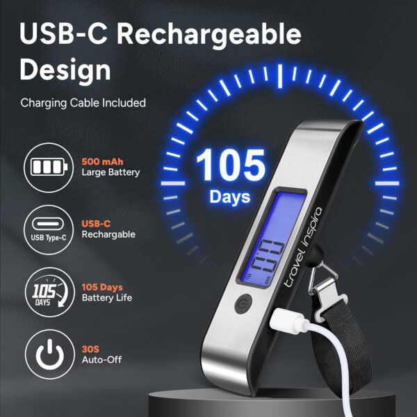 travel inspira Rechargeable Luggage Scale 110lb/50kg - Large Backlit Display - Stainless Steel - Portable Digital Hanging Scale for Suitcases, Bags, Packages (USB -C Charging Included) - Image 2