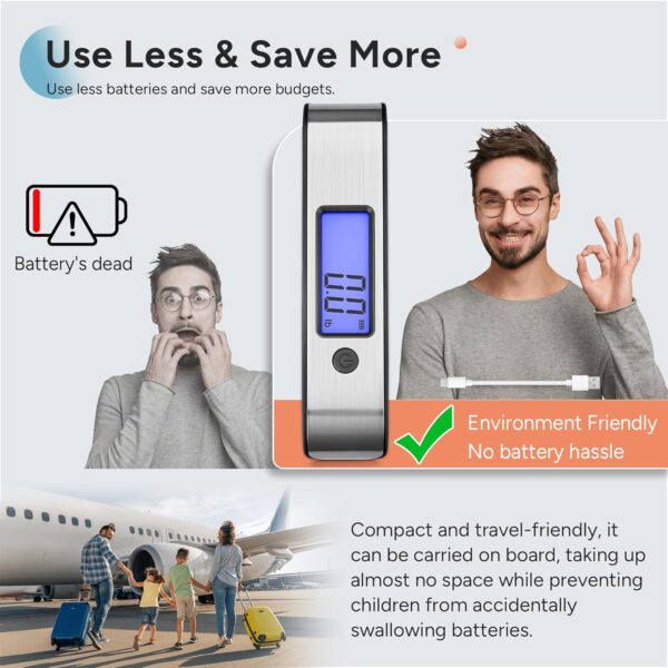 travel inspira Rechargeable Luggage Scale 110lb/50kg - Large Backlit Display - Stainless Steel - Portable Digital Hanging Scale for Suitcases, Bags, Packages (USB -C Charging Included) - Image 4