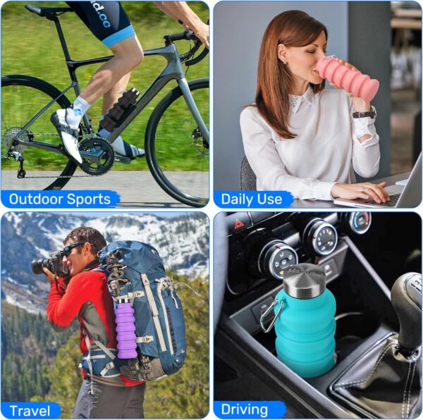 Collapsible Water Bottle, 16oz Portable Reusable Silicone Water Bottle, BPA-Free Leak-Proof Foldable Design with Carabiner, Lightweight Durable for Gym, Travel, Camping, Hiking, Sports-Black - Image 8