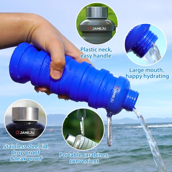 JaneJu Collapsible Water Bottle, 17oz BPA Free Silicone Reusable Portable Lightweight Foldable Water Bottles with Carabiner, Portable Leak Proof Sports Water Bottle (Purple) - Image 3