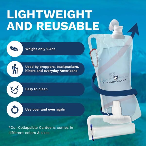 Survivor Filter Collapsible Water Bottles, Canteens (32oz) 2 Pack (2L Total) - Durable Carabiners and Handles. Squeeze Water through a Filter or Use as Water Bottles - Image 5