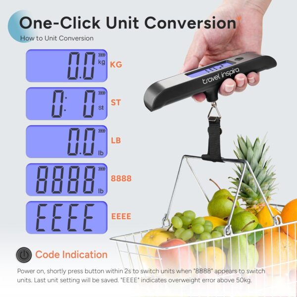 travel inspira Rechargeable Luggage Scale 110lb/50kg - Large Backlit Display - Stainless Steel - Portable Digital Hanging Scale for Suitcases, Bags, Packages (USB -C Charging Included) - Image 6