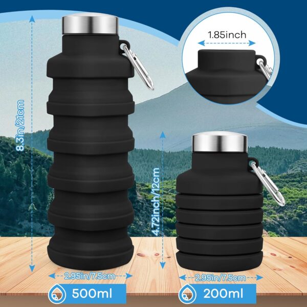 Collapsible Water Bottles 17oz, Portable Leak-Proof Travel Water Bottle, Reuseable BPA Free Silicone Foldable Water Bottle with Carabiner for Gym, Traveling, Camping, Hiking, Sports-Black - Image 2