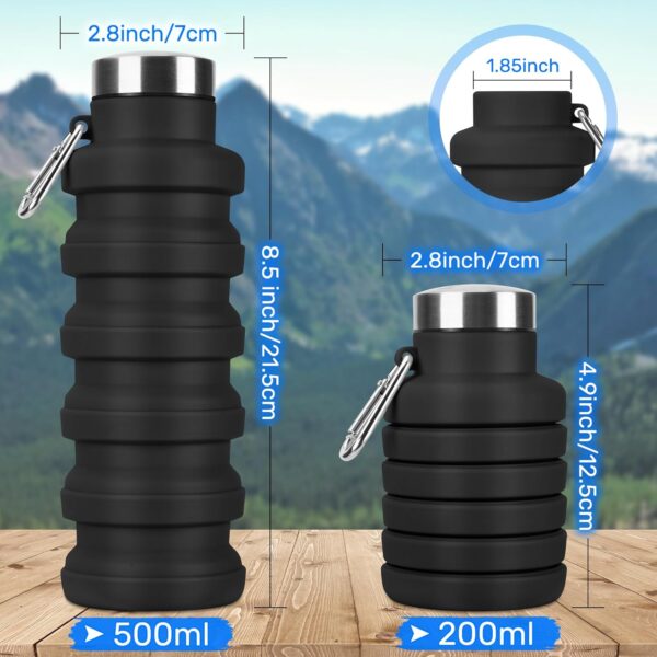 Collapsible Water Bottle, 16oz Portable Reusable Silicone Water Bottle, BPA-Free Leak-Proof Foldable Design with Carabiner, Lightweight Durable for Gym, Travel, Camping, Hiking, Sports-Black - Image 2